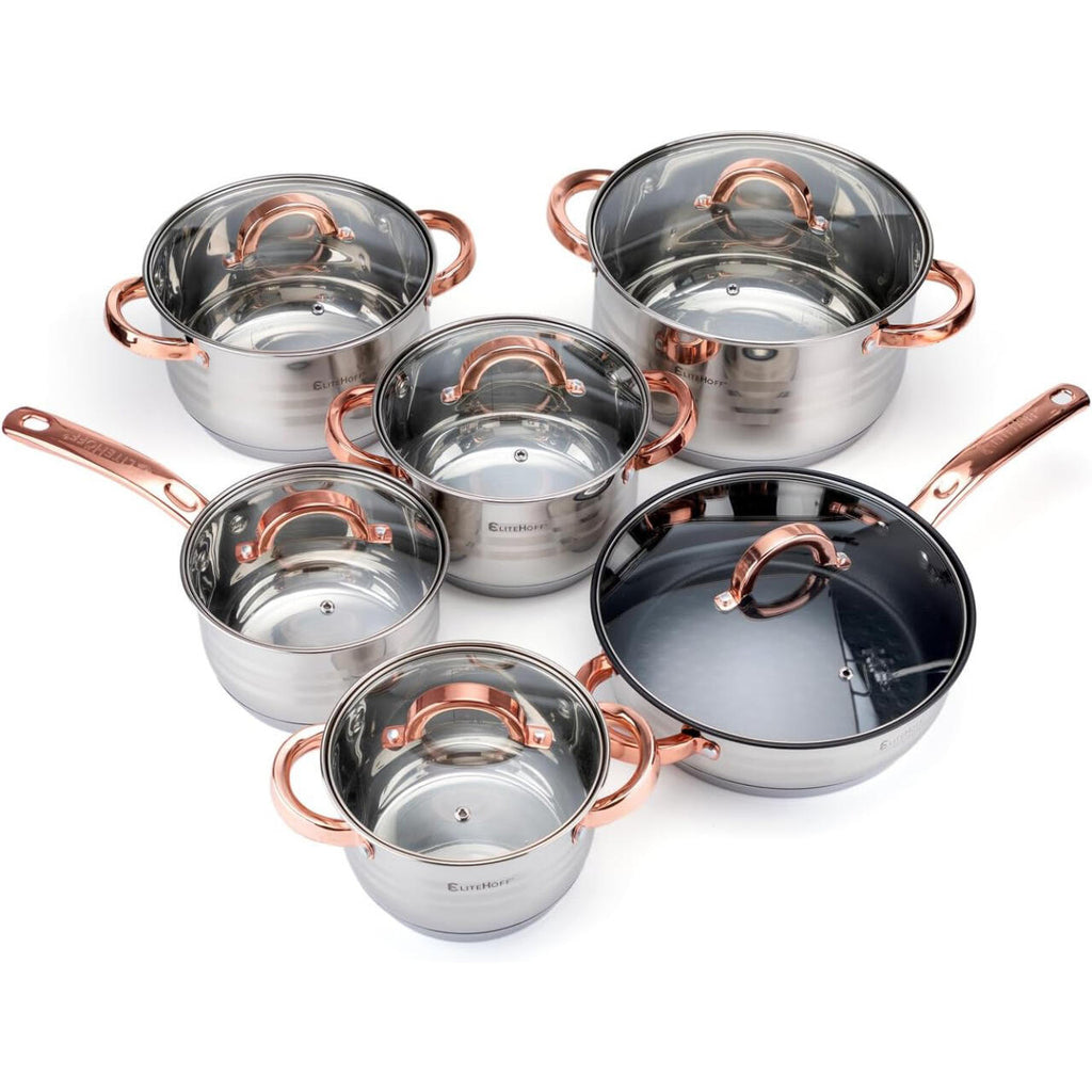 Batería de Cocina Ollas 12 Piezas en Acero Inoxidable con Tapas Apta para Todo Tipo de Cocinas Incluyendo Inducción Rosa