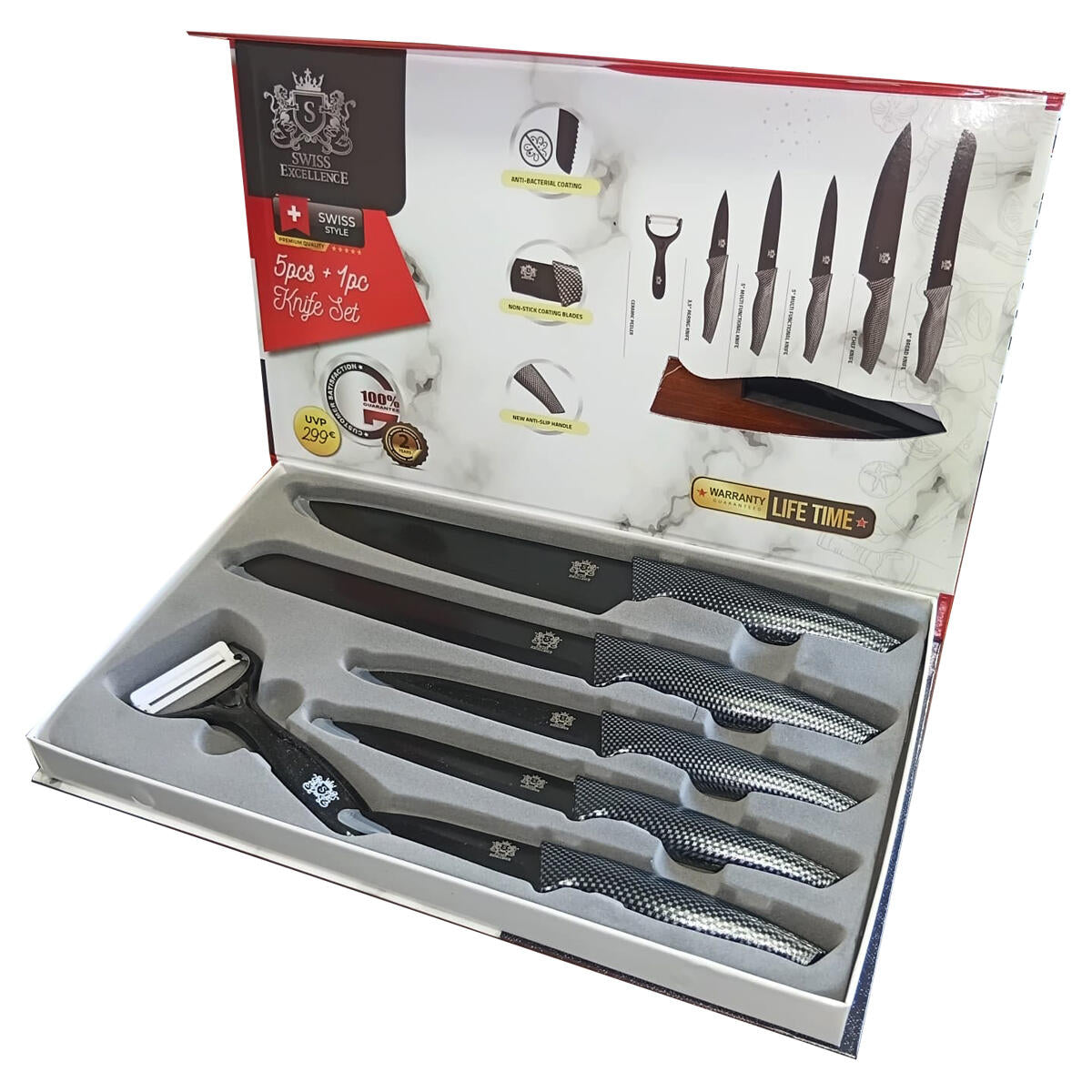 Cuchillos de Cocina Profesionales y Pelador 6 Piezas Antiadherente de Acero Inoxidable Negro