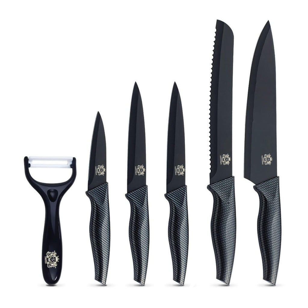 Cuchillos de Cocina Profesionales y Pelador 6 Piezas Antiadherente de Acero Inoxidable Negro