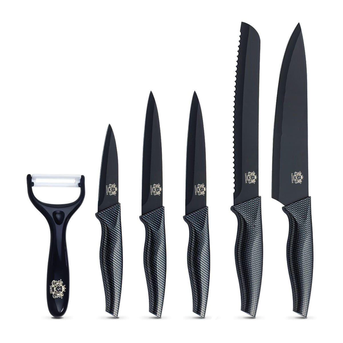 Cuchillos de Cocina Profesionales y Pelador 6 Piezas Antiadherente de Acero Inoxidable Negro