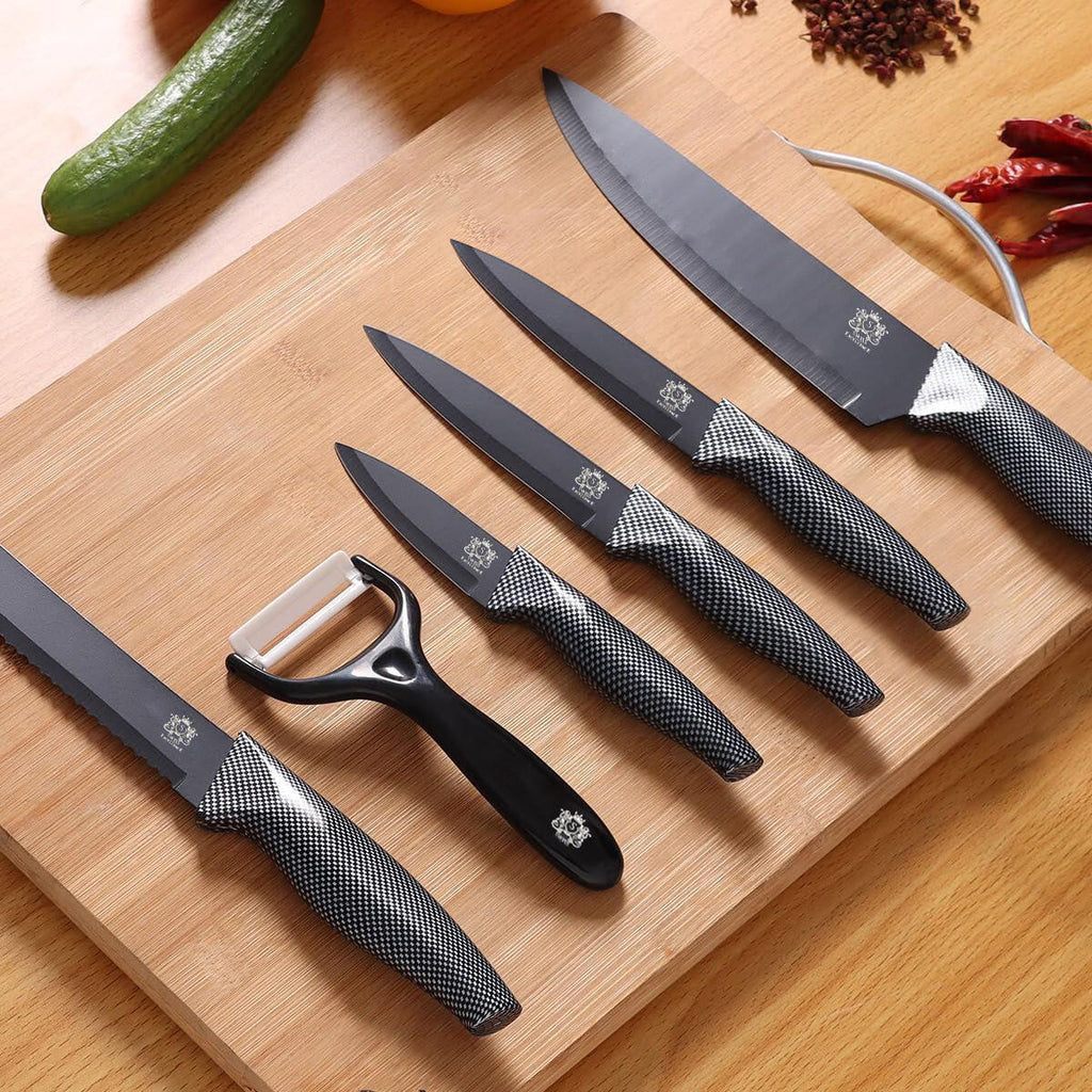 Cuchillos de Cocina Profesionales y Pelador 6 Piezas Antiadherente de Acero Inoxidable Negro