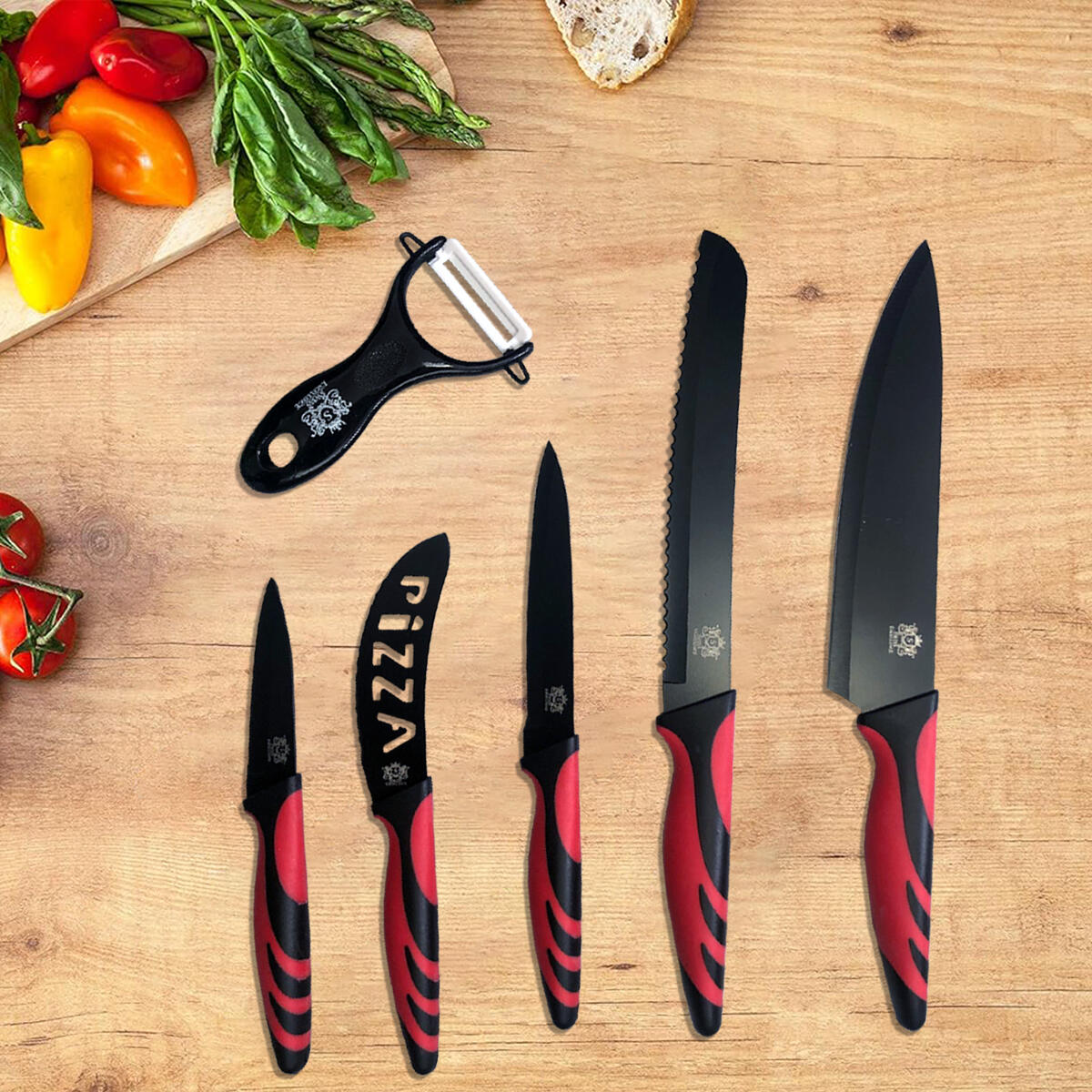 Cuchillos de Cocina Profesionales y Pelador 6 Piezas Antiadherente de Acero Inoxidable Rojo